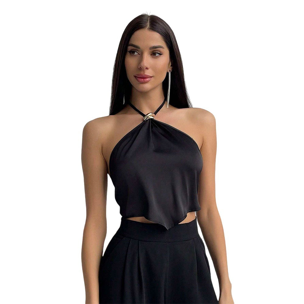 Dames elegant halterneck top med shiny stof og dekorativ knude Stilla