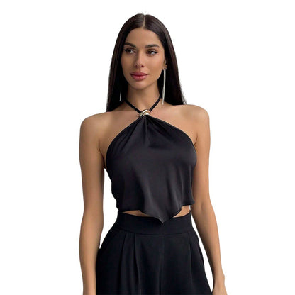 Dames elegant halterneck top med shiny stof og dekorativ knude Stilla