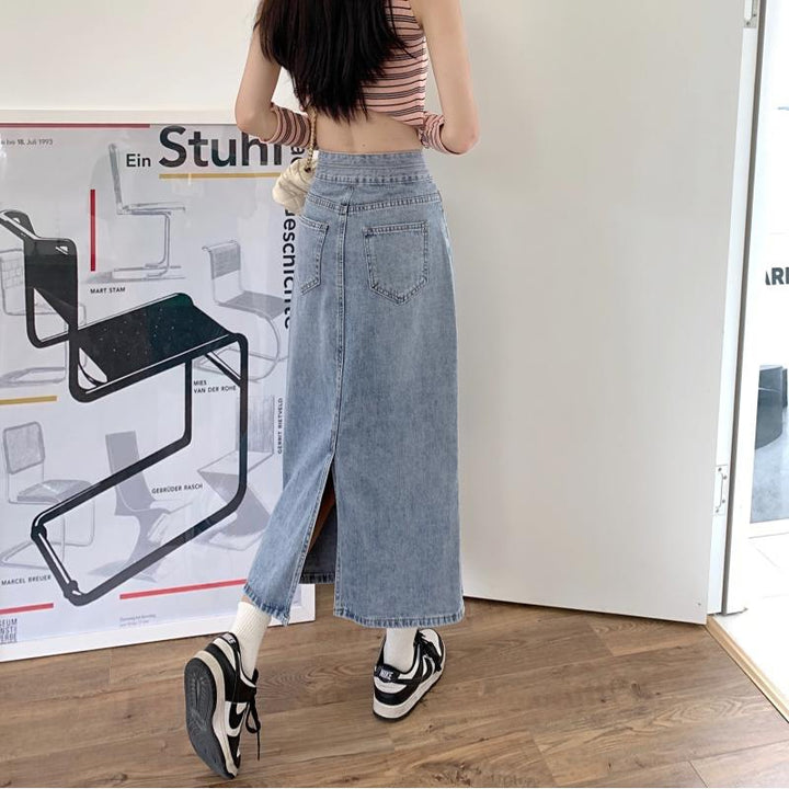 Kvinders afslappede midi denim nederdel med sideslidser Stilla