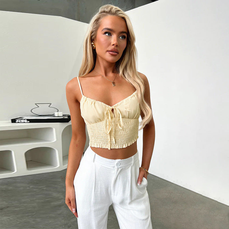 Dame Crop-Top med flæsedetaljer og justerbare spaghetti stropper Skovae