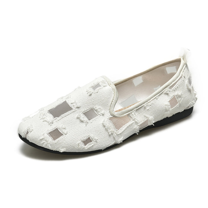 Damer med casual slip-on sko med netindsatser og frayed denim detaljer Skovae