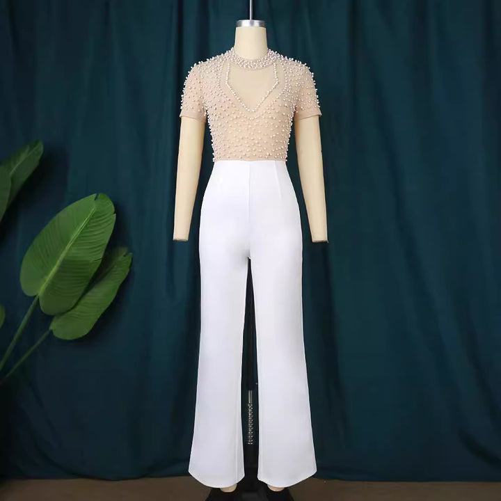 Dame elegant jumpsuit med glitrende perlebesætning Skovae