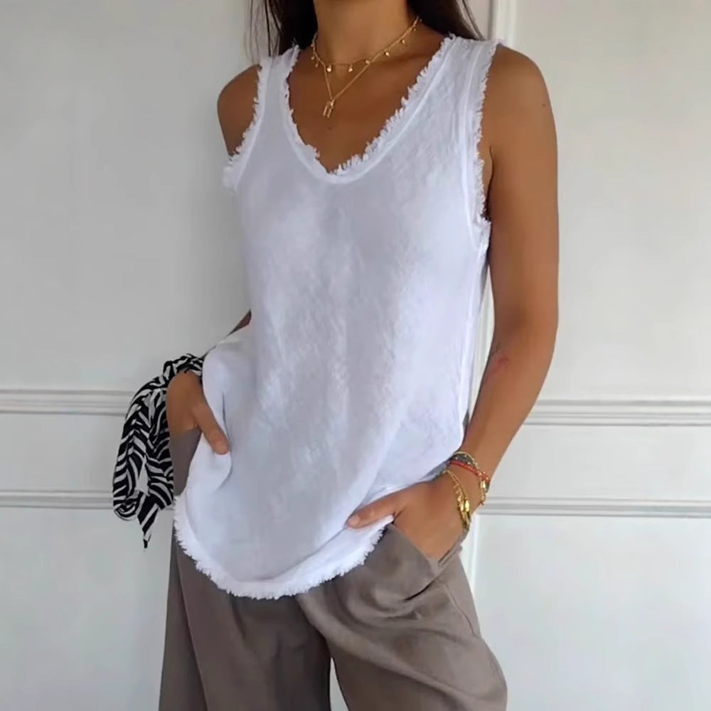 Dame i casual linlook tanktop med frynset kant U-udskæring og løs hofte længde Skovae