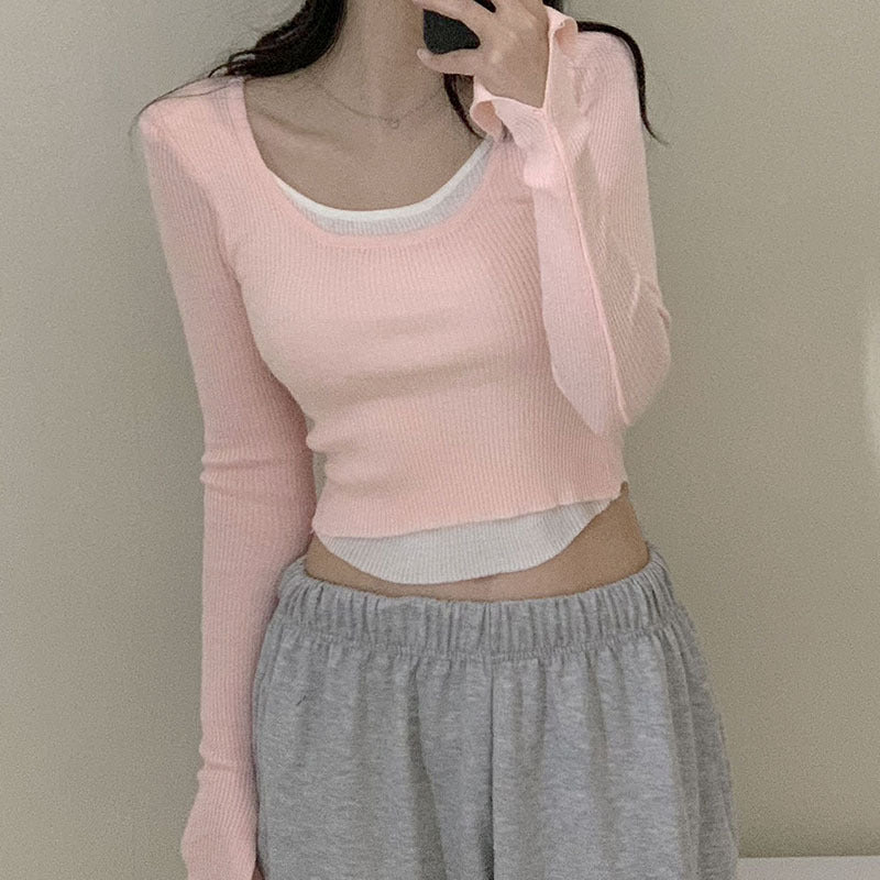 Dame Lange ærmet Crop-Top med dobbelt U-båd Halsudskæring og raffineret design Skovae