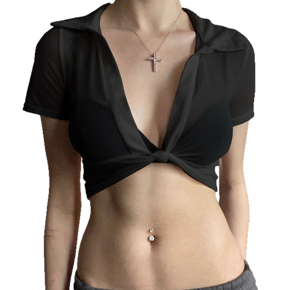 Dame cropped top med knude-design og dyb V-hals Skovae