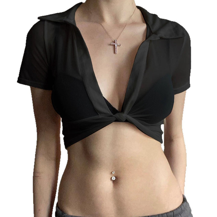 Dame cropped top med knude-design og dyb V-hals Skovae