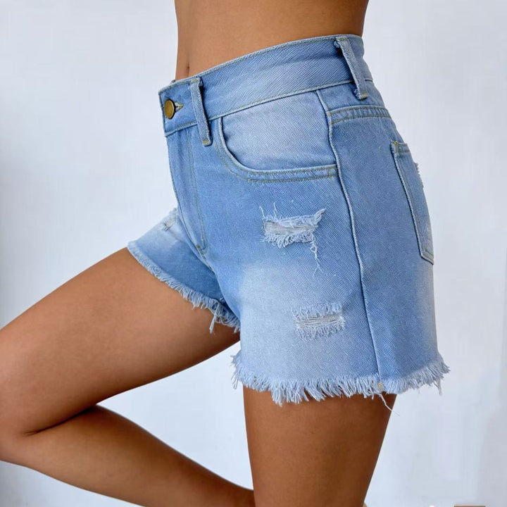 Dame Designer Denim-Shorts med frynser og rå kant Skovae