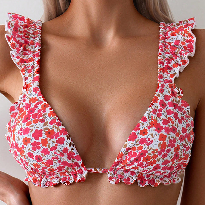Dame triangel-bikini med glade blomster mønster og elegante ruffles detaljer Skovae
