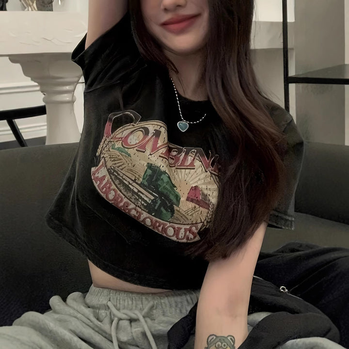 Dame Crop-T-Shirt med kreativt øjenmotiv og tourtryk Skovae