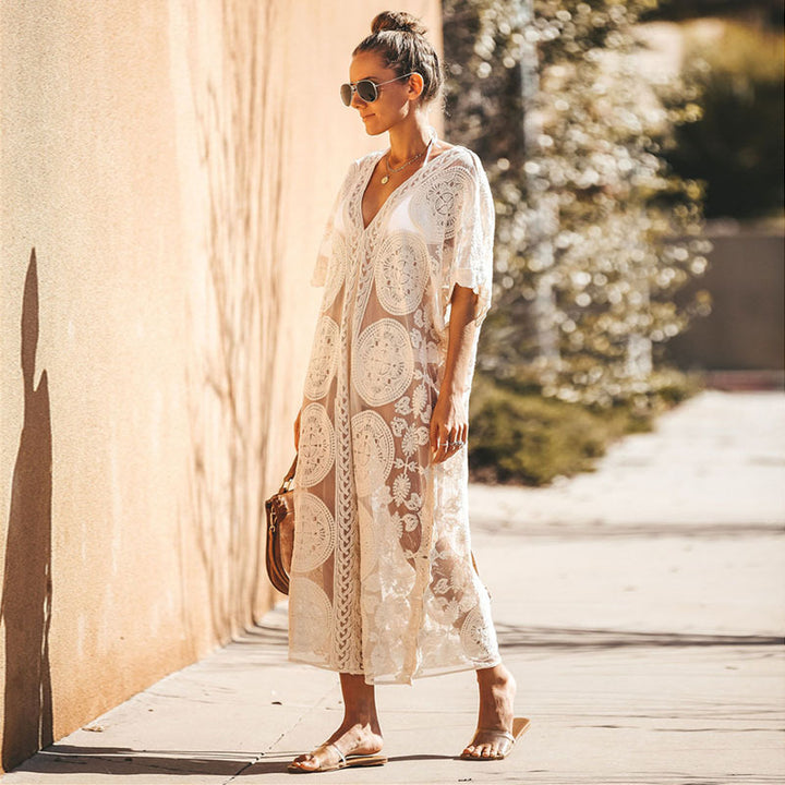 Dame hæklede strandkimono med elegant spidsdekoration Stilla