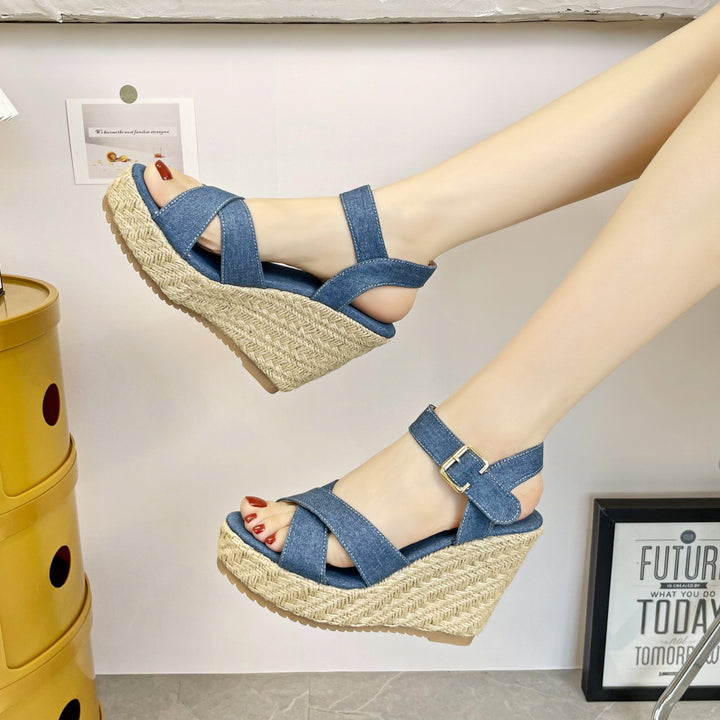 Dame nan Keil-Espadrille-sandal med flettet juteplatform, krydsede tekstilremme og justerbar metalspænde Skovae