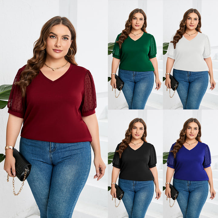 Damer elegant bluse skjorte med gennemsigtige puffærmer og V-hals Skovae