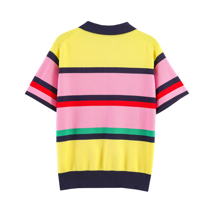 Dame kortærmet polo-shirt med farverigt stribemønster Skovae