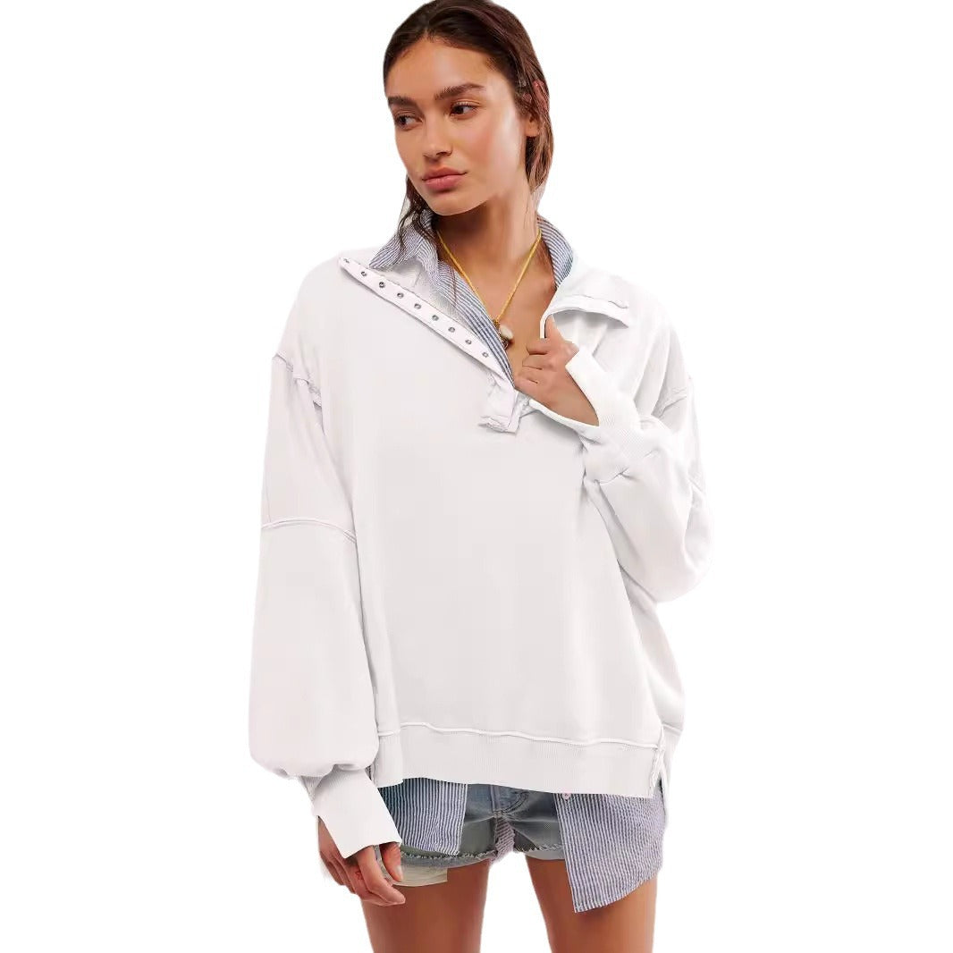 Dame afslappet sweater med trendy krave og knapstand Stilla