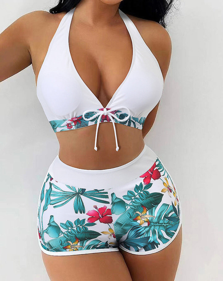 Damernes sporty bikini-sæt med trendy høj talje og blomster mønster Skovae