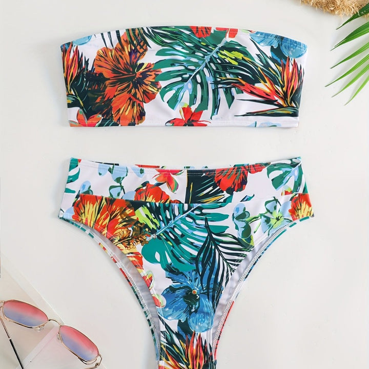 Dame Bandeau-Bikini-sæt med tropisk blomsterdesign Skovae