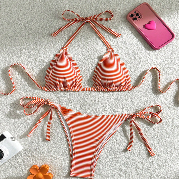 Dame triangel-bikini med legesygt rynkedesign og snorebindinger Skovae
