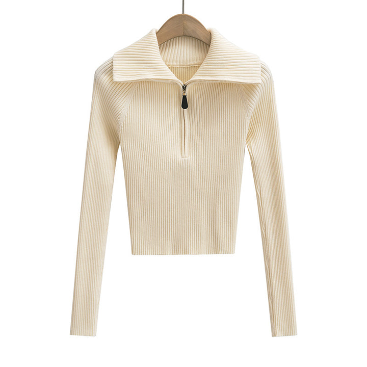 Dame Langærmet Crop-Top med Lynlås og Moderigtigt Ribdesign Stilla