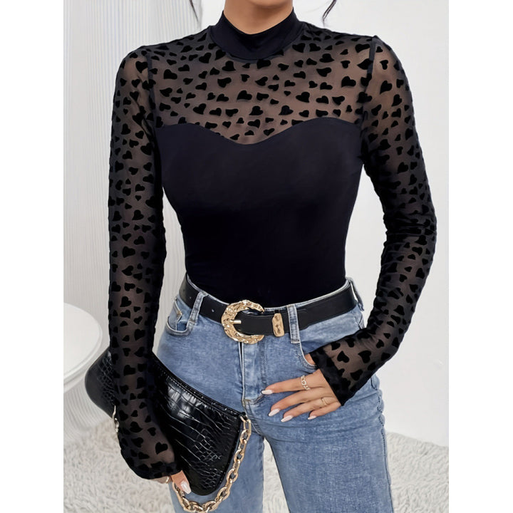Dame Langærmet Bodystocking med transparente hjerter og elegant høj krave Skovae