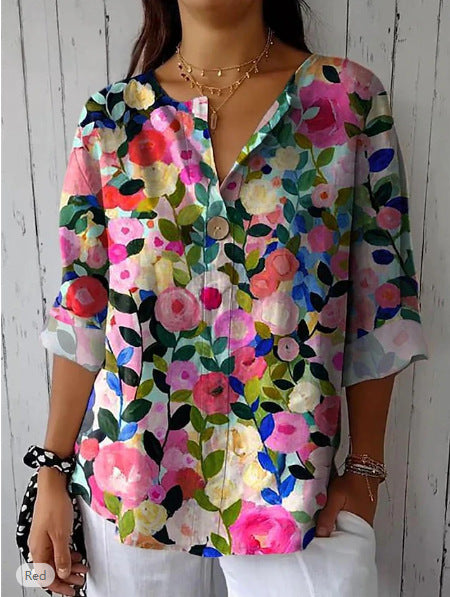 Dame luftig bluse med blomsterprint og knapdetalje Stilla