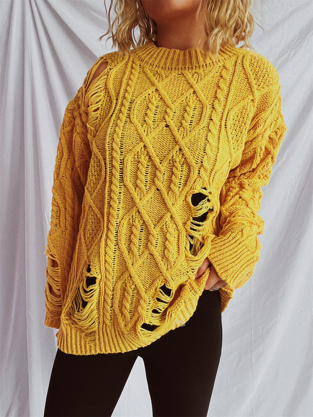 Dame casual oversized sweater med tekstureret kabelmønster og frynser Stilla