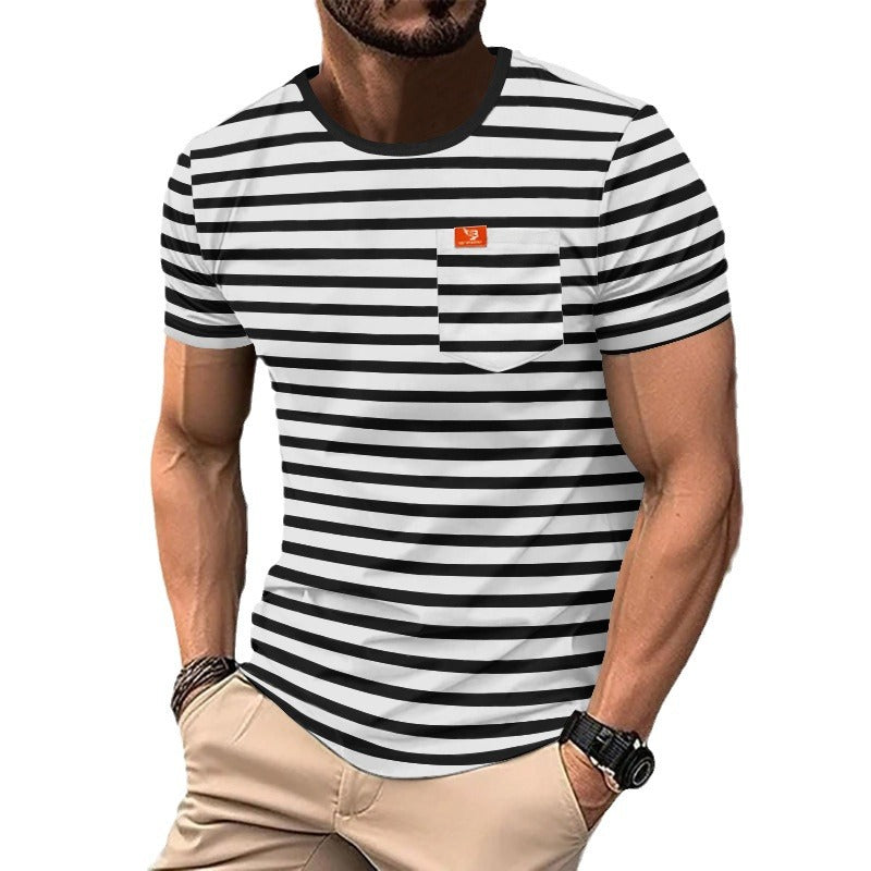 Herrer nan afslappet stribet bomulds-jersey T-shirt med rund hals og diskret logo-patch Skovae