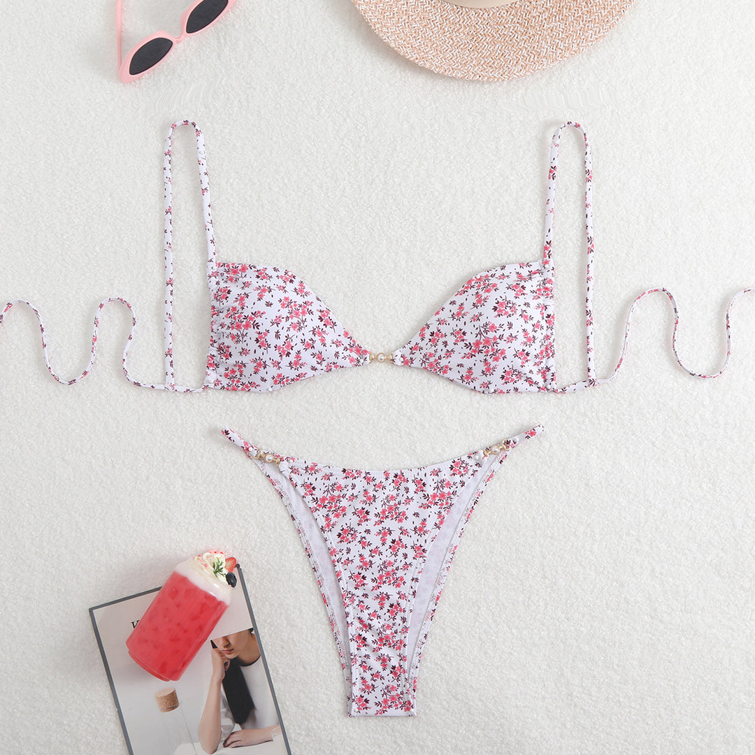 Damer Triangel-Bikini med justerbare stropper og elegant blomstertryk Skovae