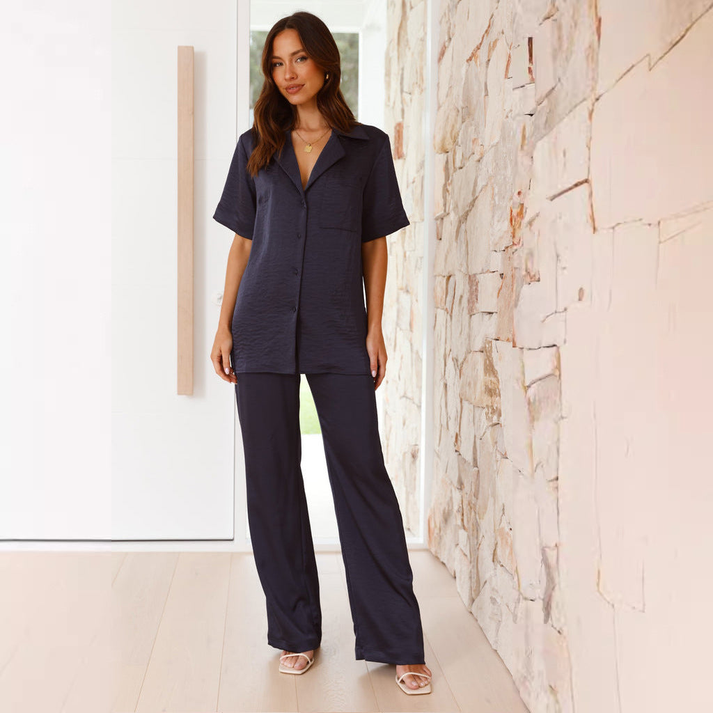 Dame Satin Pyjamas Sæt med Elegant Kortærmet Bluse og Løse Bukser Stilla