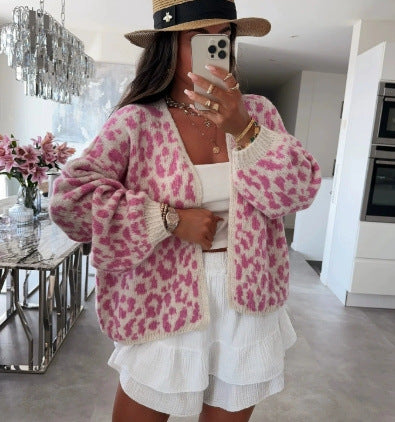 Kvinder Oversized Cardigan med Trendy Leopardprint og Voluminøse Ærmer Stilla