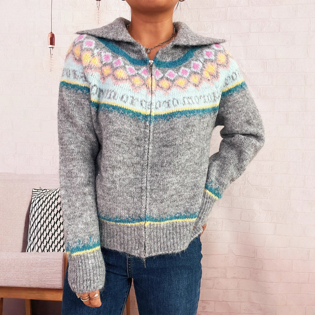 Kvinders cardigan med blomsterprint og moderne lynlås Stilla