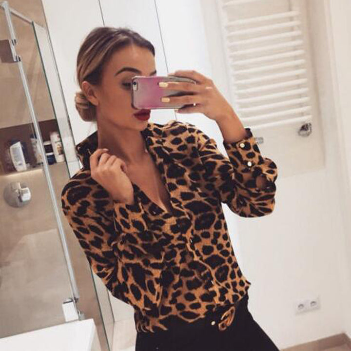 Femme Chic Leopardmønster Knap-oven Skjorte Stilla