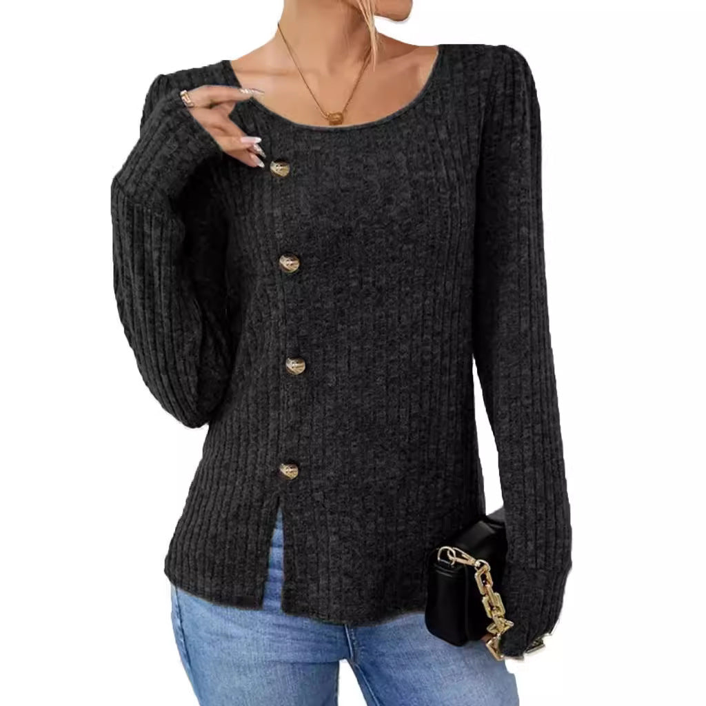 Dame moderigtig strikpullover med knapdetalje og sidelommer Stilla