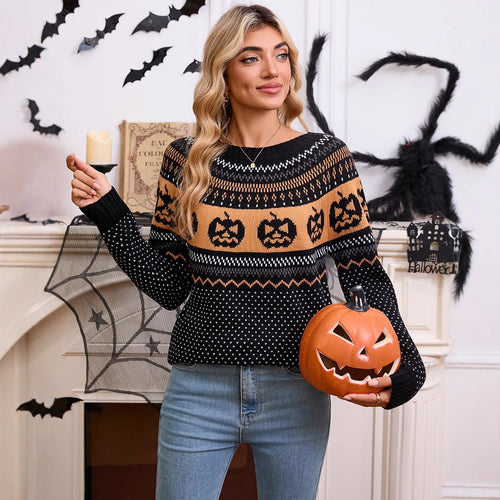 Kvinders striktrøje med Halloween-motiv og finstrikket tekstur Stilla