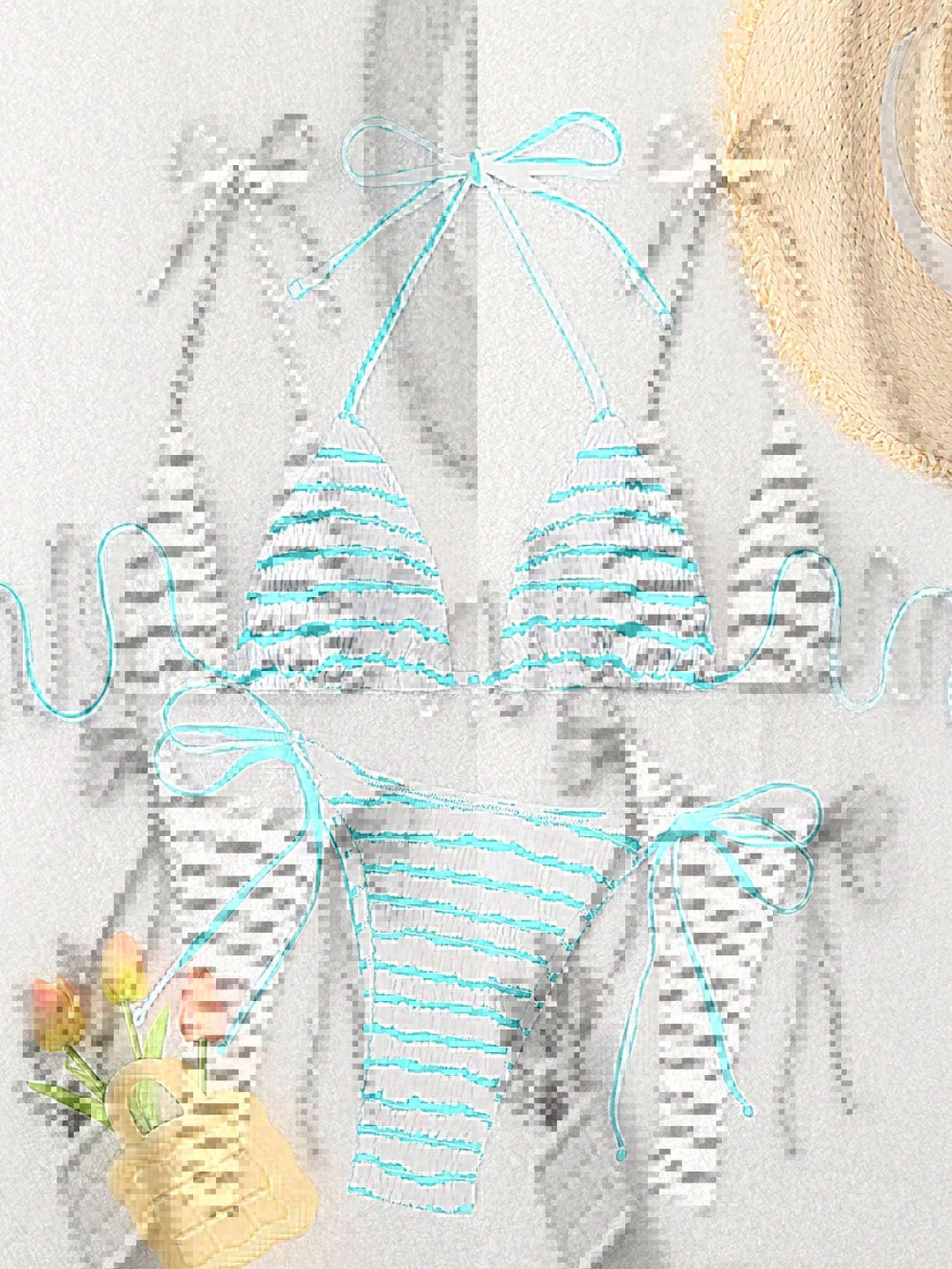 Dame triangle bikini med fint stribemønster og raffinerede bindebånd Skovae