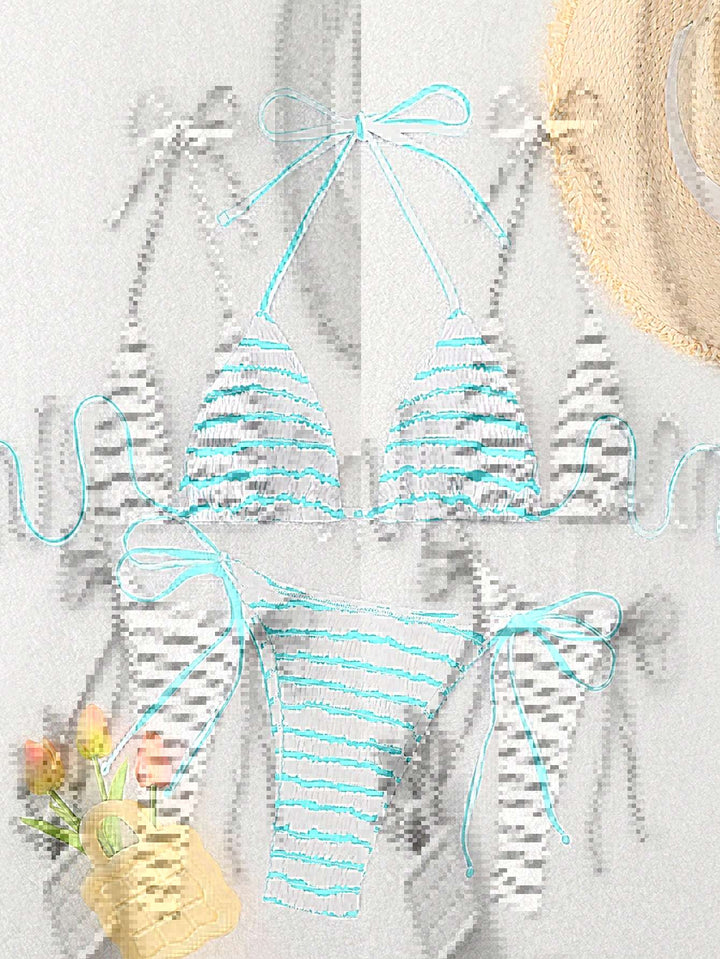 Dame triangle bikini med fint stribemønster og raffinerede bindebånd Skovae