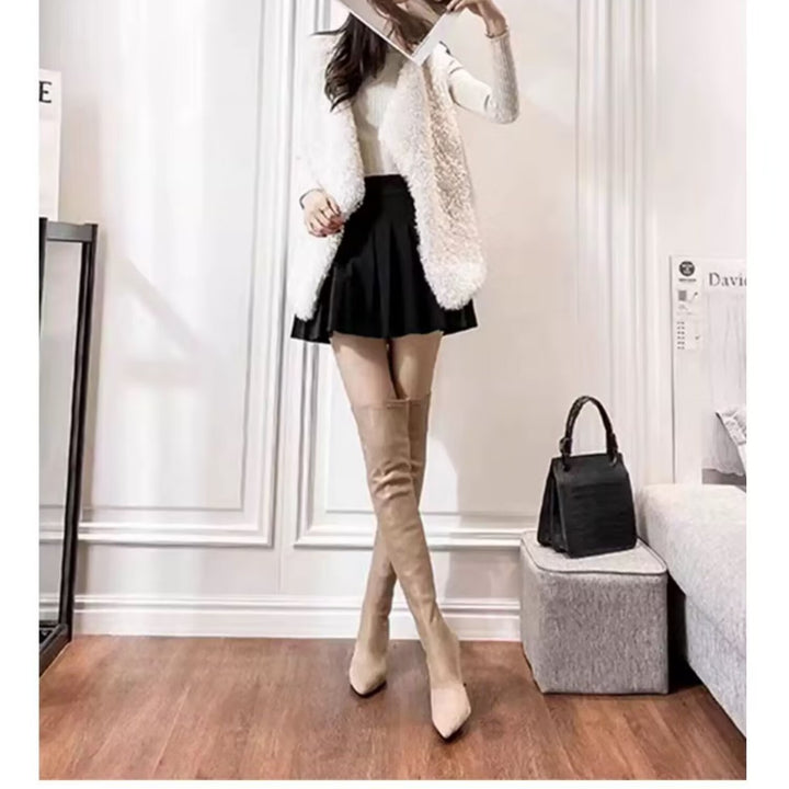 Dame Overknee Støvler med elegant smalt hæl og moderne velour-udseende Stilla