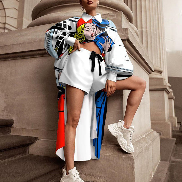 Dame Ternet Oversized-Skjortejakke med fashionabelt Print og Shorts Stilla