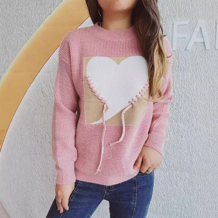 Damer fashionable sweater med hjerteapplikation og bag træksnor Stilla