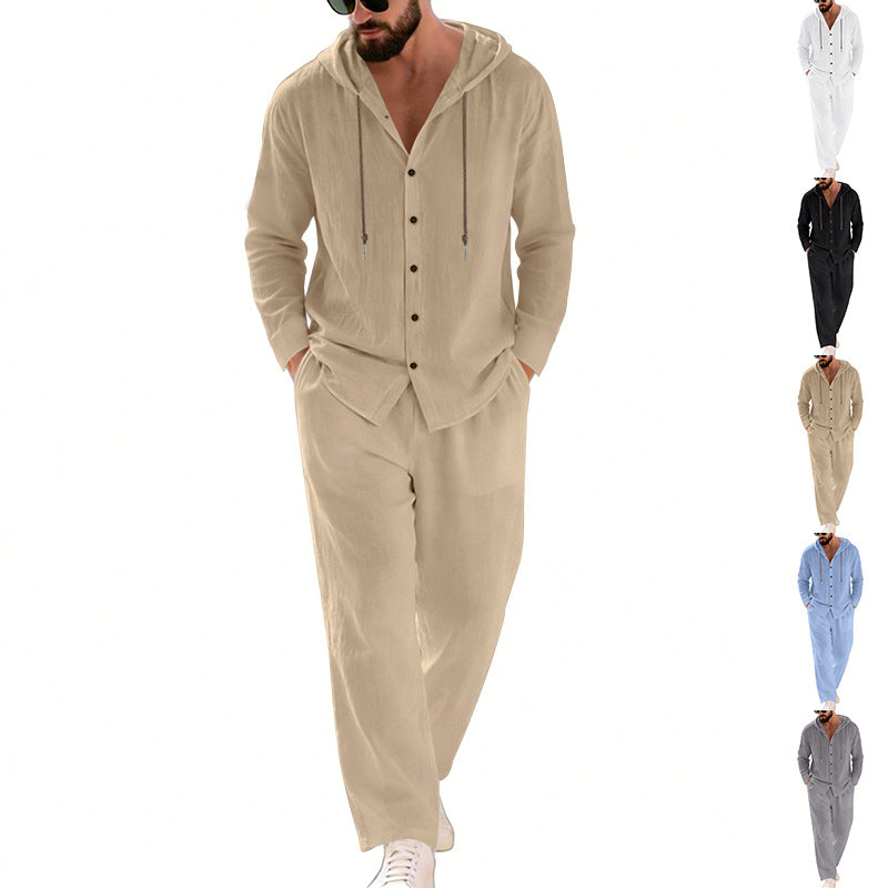 Herrer to-delt lounge-sæt med knap-hoodie skjorte af crepe jersey og lige tunnelbånd bukser Skovae
