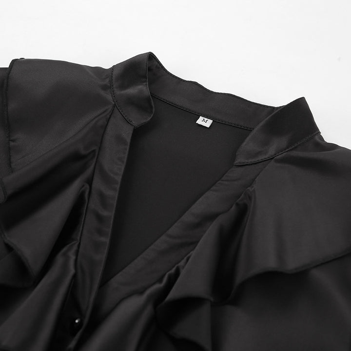 Dame elegant rufflebluse i høj kvalitet satin med fint V-halsudskæring Stilla