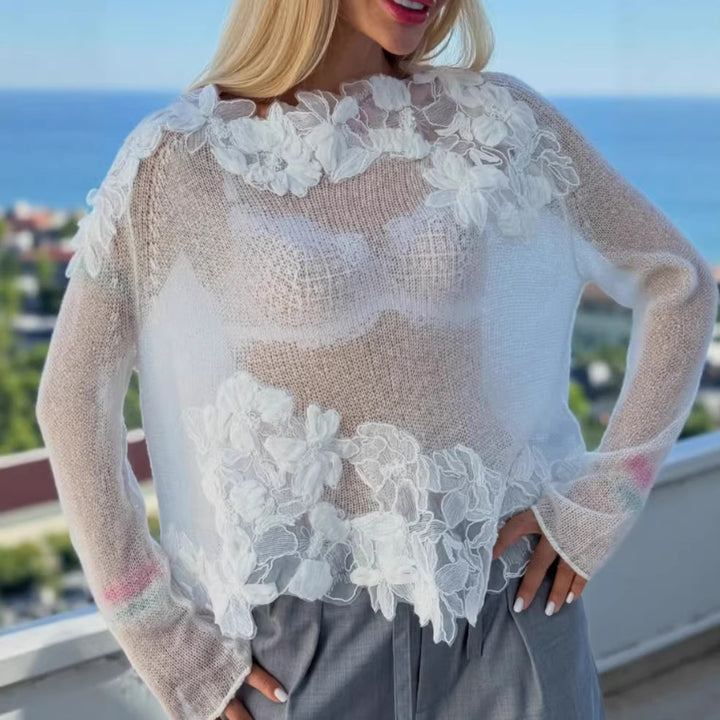 Women's striktrøje med blomsterlacre detaljer og gennemsigtigt design Stilla