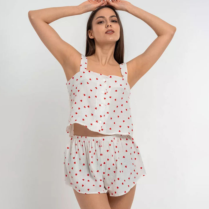 Dame sommerligt fritids-pyjamasæt med hjerte-motiver og elastisk talje Stilla