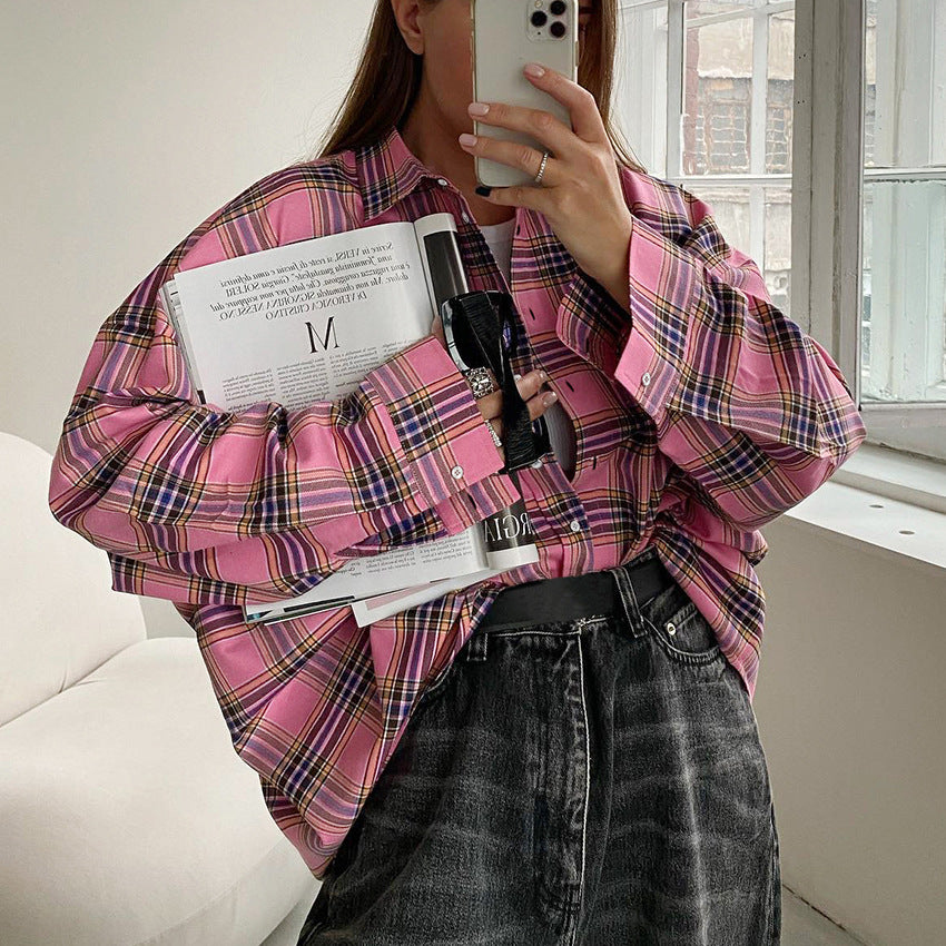Dame Tjekkede Oversized-Skjortebluse med knaplukning foran og afslappet snit Stilla