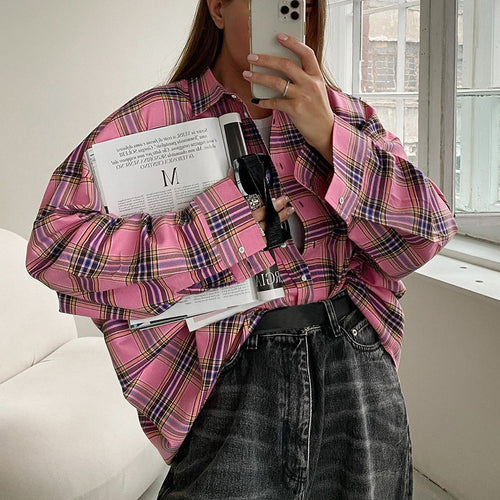 Dame Tjekkede Oversized-Skjortebluse med knaplukning foran og afslappet snit Stilla
