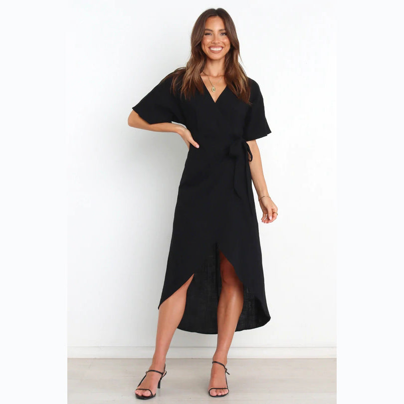 Women's wrap dress with elegant V-neckline and fashionable waist belt