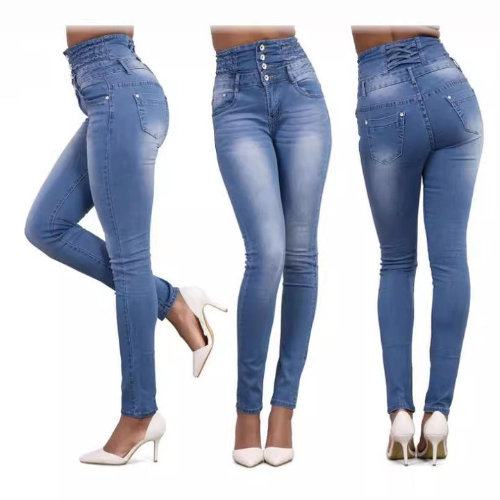 Dame højtaljede skinny jeans med dekorative knapper og samtidig figursiddende design Stilla