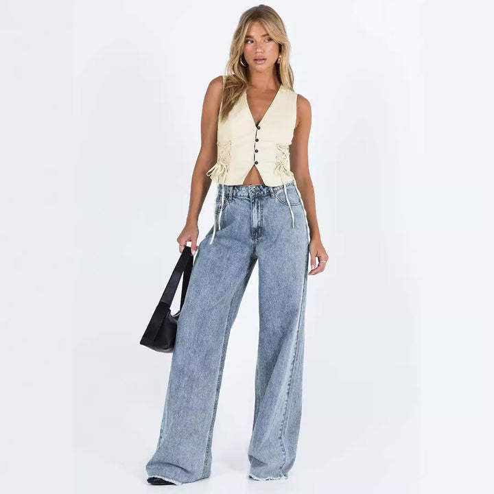 Dame modigt cropped-top med snøre detaljer og knap lukning Stilla