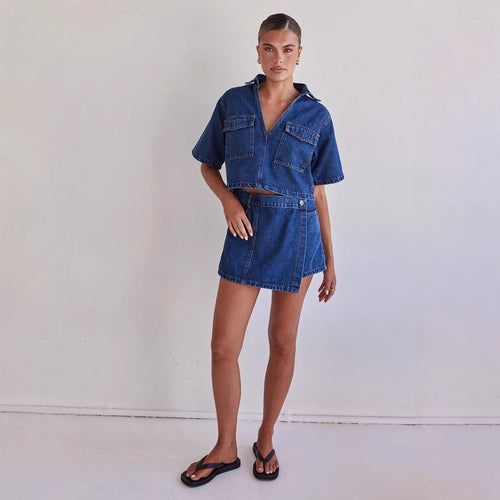 Dame Denim-kortjakke med matchende nederdel i afslappet stil Skovae