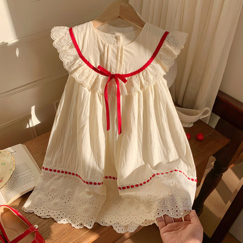 Pige Elegant Volang A-linje Kjole med Dekorativ Blonde Stilla
