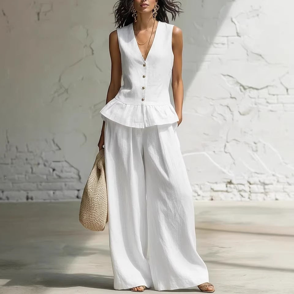 Dame casual jumpsuit med peplum skæring og knapdetaljer Skovae